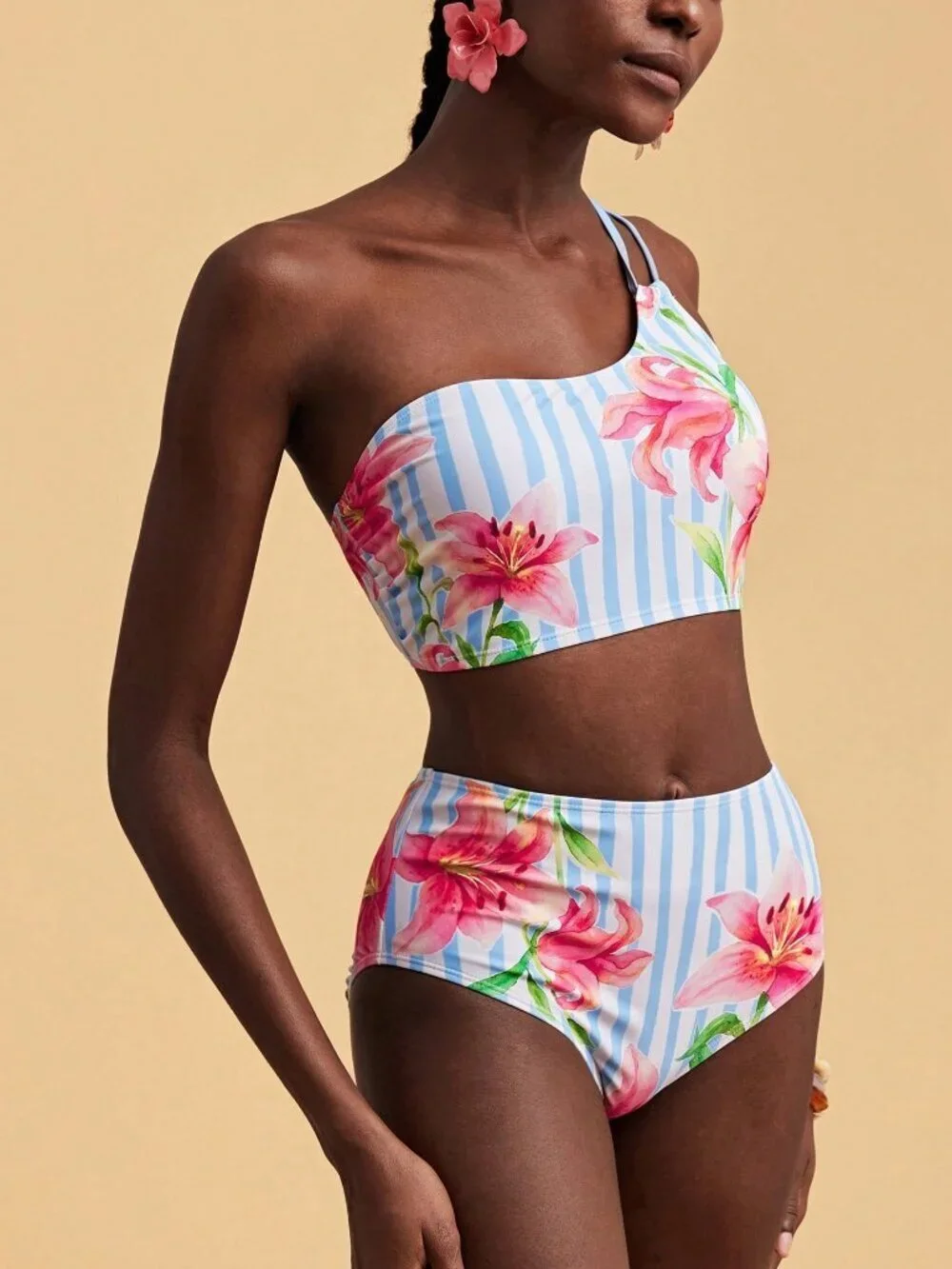 Multicolor Casual Floral Striped Women's bikini Set